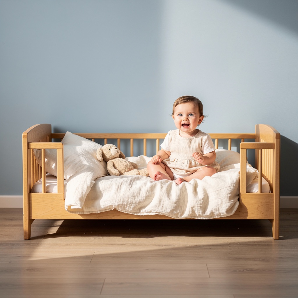 Masif ahşap Montessori karyolasında bebek
